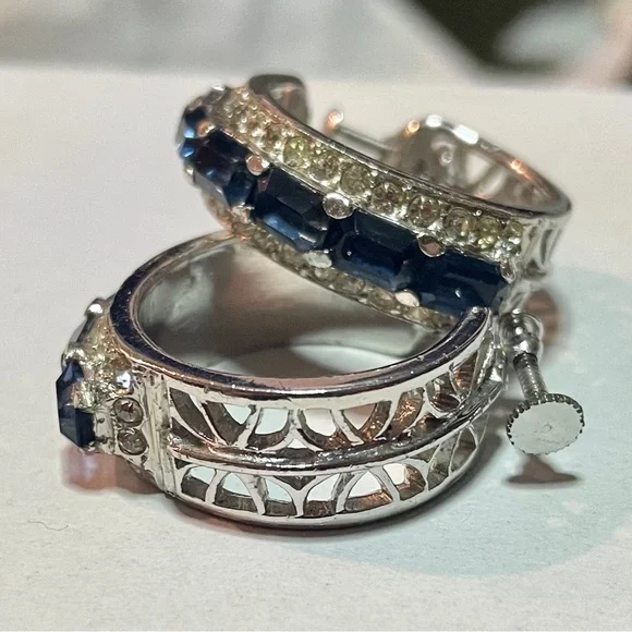 Silver-Toned Faux Blue Sapphire and Zirconia Hoop Earrings –Crystal Huggie Hoops - Picture 13 of 15